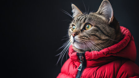 A regal tabby cat wearing a bold red winter jacket, gazing majestically off to the side under soft natural lightの素材