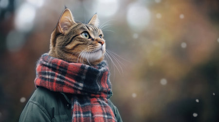 A serious cat in a tartan scarf and jacket, sitting contemplatively against a soft-focus winter backgroundの素材