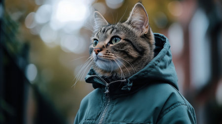 A serene feline in a green jacket, its eyes filled with quiet contemplation as it looks away from the cameraの素材