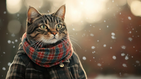 A serious cat in a tartan scarf and jacket, sitting contemplatively against a soft-focus winter backgroundの素材