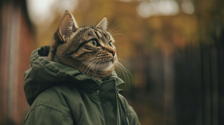 A serene feline in a green jacket, its eyes filled with quiet contemplation as it looks away from the cameraの素材