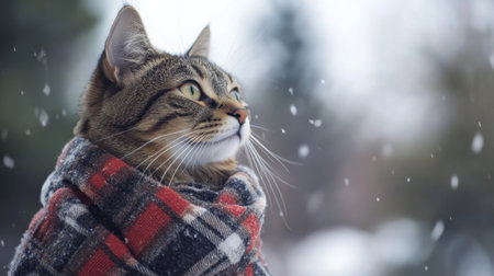A serious cat in a tartan scarf and jacket, sitting contemplatively against a soft-focus winter backgroundの素材