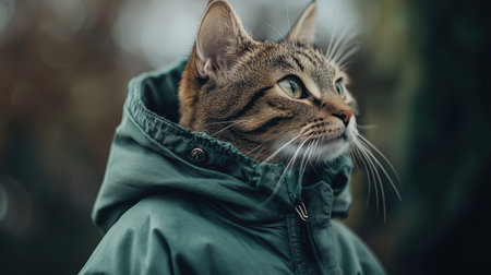 A serene feline in a green jacket, its eyes filled with quiet contemplation as it looks away from the cameraの素材