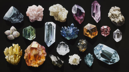 This image showcases a diverse assortment of crystals and minerals, featuring various shapes, colors, and textures illuminated against a dark background, perfect for scientific or artistic purposes.の素材