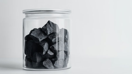A clear glass jar filled with black rocks sits against a minimalist background, highlighting the natural beauty and texture, perfect for artistic and creative projects.の素材