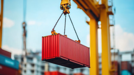 A crane lifts a bold red shipping container in a bustling dock environment, emphasizing the vital role of logistics and transportation in global trade activities.の素材