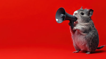 An adorable small animal joyfully holds a megaphone against a vibrant red background, capturing a fun moment of communication and playful expression in a whimsical setting.の素材