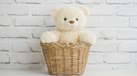 A charming teddy bear nestled in a rustic woven basket, elegantly showcasing its fluffy texture against a clean white brick wall, evoking warmth and nostalgia.の素材