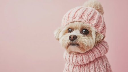 This charming small dog showcases a fashionable knitted sweater and hat against a gentle pink backdrop, exuding warmth and cuteness in a delightful winter pose.の素材