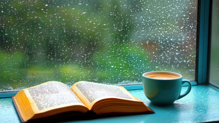 A serene indoor scene capturing an open book and a steaming cup of coffee on a windowsill, with raindrops creating a soothing backdrop for relaxation and reading.の素材
