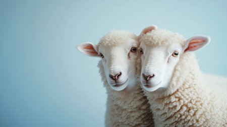 Two charming sheep with fluffy wool and soft features stand closely together against a light blue backdrop, embodying warmth and companionship in a serene farm setting.の素材