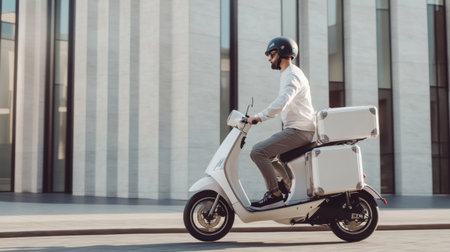 A delivery rider on an electric scooter glides through an urban environment, representing efficient transportation solutions and modern mobility trends in contemporary city life.の素材