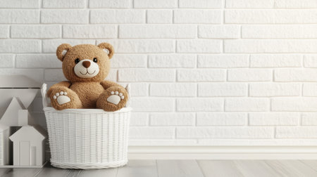 Adorable teddy bear nestled in a white basket against a textured brick wall, adding a touch of warmth and charm to any children's space or nursery. Perfect for decor.の素材