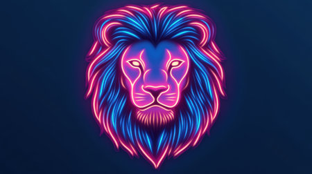 A stunning neon illustration of a lion's head, featuring vibrant blue and pink colors. The modern design combines elements of strength and artistic flair against a dark backdrop.の素材