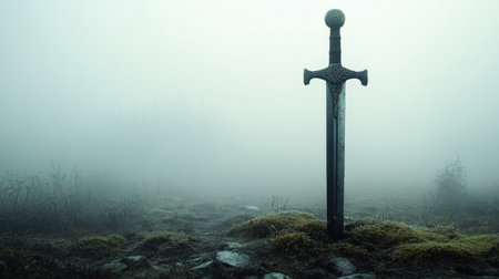 A solitary sword stands majestically in a fog-covered landscape, surrounded by stillness and mystery, inviting tales of adventure and forgotten legends.の素材