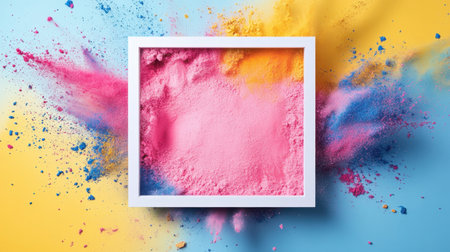 This image features a vibrant pink pigment contained within a white frame, contrasting against a backdrop of colorful powder splashes, ideal for creative projects.の素材