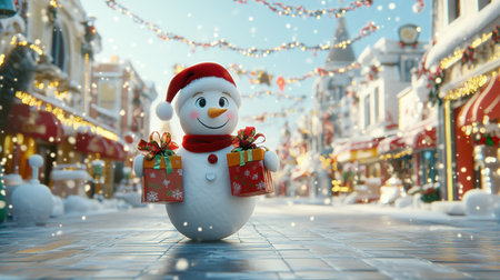 A joyful snowman wearing a Santa hat holds vibrant gifts in a charming winter street adorned with twinkling lights and falling snowflakes, celebrating the magic of the holiday season.の素材