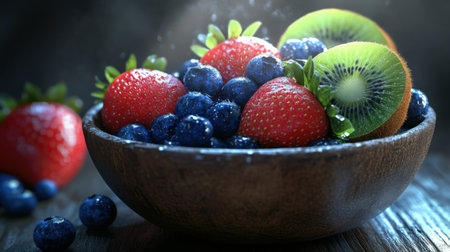 A vibrant bowl filled with fresh strawberries, blueberries, and kiwi, showcasing their textures and colors, illuminated by soft light to create an appetizing composition.の素材