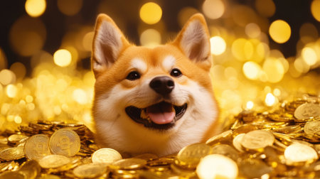 Adorable Shiba Inu puppy playfully nestled among shining gold coins, creating a warm and joyful atmosphere, perfect for themes of wealth and happiness in your projects.の素材