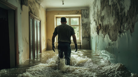 A man navigates through a flooded room, highlighting the severe impact of flooding on buildings, emphasizing the need for recovery and disaster management in affected areas.の素材