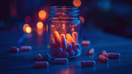 A serene scene featuring a jar filled with glowing capsules and soft bokeh lights in the background, ideal for themes related to health, wellness, and pharmaceutical imagery.の素材