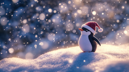 A charming penguin in a festive Santa hat stands proudly on a snowy landscape, surrounded by sparkling snowflakes, evoking the warmth and joy of the holiday season.の素材