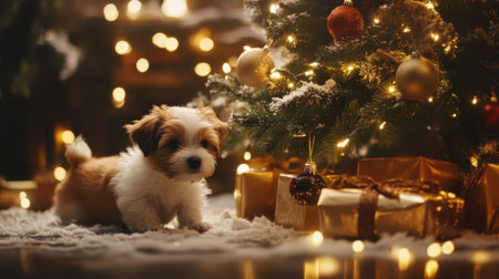 A charming puppy explores beneath a beautifully decorated Christmas tree, surrounded by twinkling lights and festive gifts, capturing the spirit of the holiday season in an inviting setting.の素材