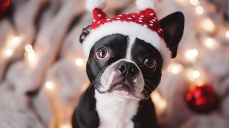 This charming image features a black and white dog wearing a festive Santa hat amidst glowing lights and holiday decorations, capturing the essence of Christmas joy and warmth.の素材