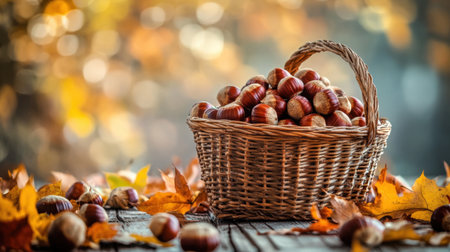 A woven basket overflowing with fresh chestnuts creates a warm autumn atmosphere. Fallen leaves and a rustic wooden table enhance this cozy seasonal scene. Ideal for culinary themes.の素材
