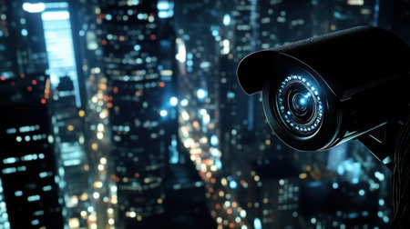 A striking nighttime view featuring a surveillance camera in focus, overlooking a vibrant city skyline illuminated by countless lights, symbolizing urban security and monitoring.の素材