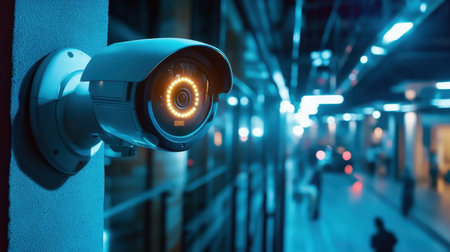 A futuristic security camera is positioned to monitor a bustling urban environment at night, showcasing advanced technology and vibrant lighting, enhancing safety and surveillance.の素材