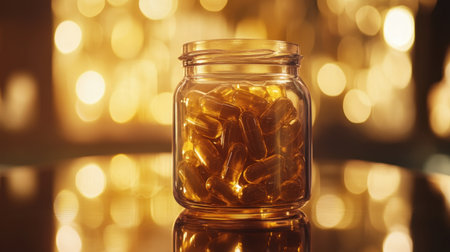 A stunning glass jar filled with golden dietary capsules, radiating health and wellness against a soft, glowing background, perfect for nutrition-themed projects.の素材