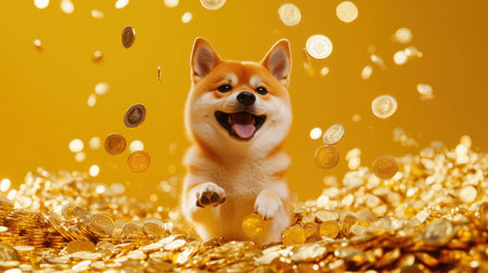 A cheerful dog joyfully plays amidst a heap of sparkling gold coins, evoking a sense of happiness and prosperity in a vibrant, joyful scene full of life.の素材