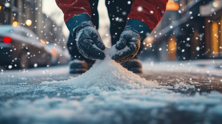 A person in a red jacket and gloves collects snow from a winter street, surrounded by softly falling snowflakes, creating a serene and magical urban atmosphere.の素材