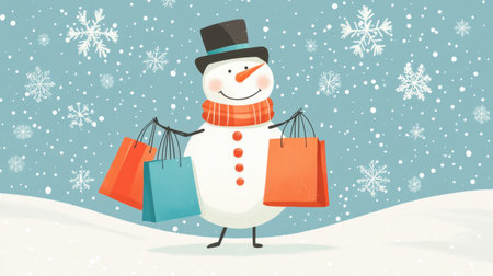 Delightful snowman holds colorful shopping bags amid swirling snowflakes in a whimsical winter setting, capturing the joy of the holiday shopping season.の素材