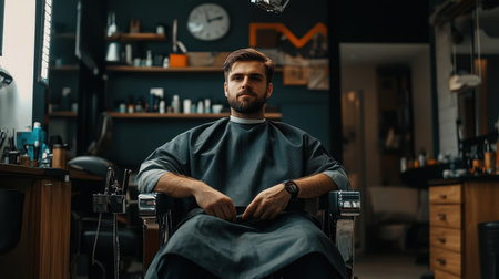 A stylish male sits in a barber's chair, awaiting his haircut in a modern barbershop. The interior features grooming tools and a clock, perfect for self-care themes.の素材