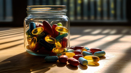 A vibrant display of assorted vitamins and dietary supplements in a glass jar, with colorful capsules and tablets elegantly arranged on a wooden surface, illuminated by soft natural light.の素材