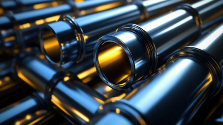 A captivating close-up of metallic tubes showcasing a brilliant shiny surface with warm glowing light, illustrating the beauty of modern industrial design and engineering innovation.の素材