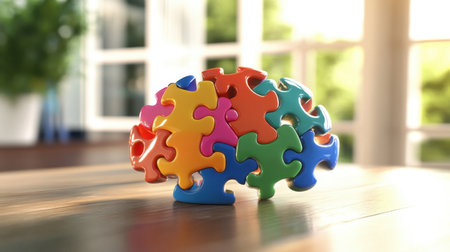 A vibrant arrangement of colorful puzzle pieces shaped like a brain, symbolizing creativity and problem-solving, displayed on a wooden table with natural light.の素材
