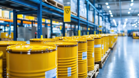 A well-organized industrial warehouse filled with yellow storage barrels, showcasing efficient use of space and strong safety standards in a manufacturing environment.の素材