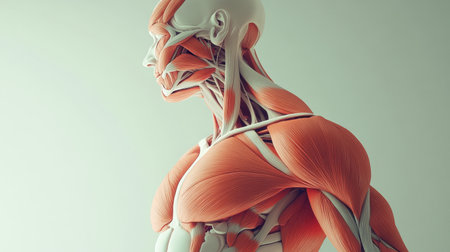 This educational illustration displays a detailed side view of human anatomy, showcasing the intricate muscles and structures important for understanding human physiology and fitness.の素材