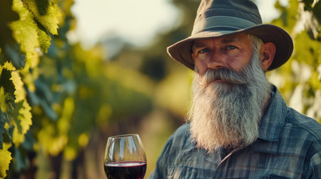 A seasoned winemaker stands proudly in his vineyard, holding a glass of red wine. The scene embodies the rich tradition and beauty of winemaking in a serene setting surrounded by vibrant greenery.の素材