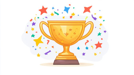 This vibrant illustration features a golden trophy amidst colorful confetti and stars, symbolizing celebration, success, and achievement, perfect for creative projects and event promotions.の素材