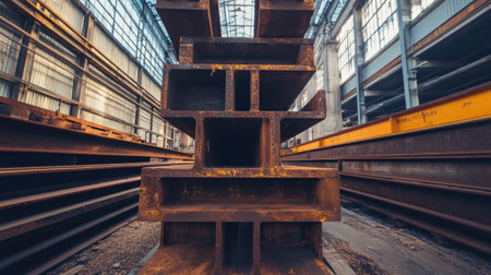 A captivating view of rusty steel beams stacked in an industrial warehouse, showcasing the interplay of light and shadow, evoking a sense of rugged manufacturing space.の素材