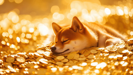 A charming Shiba Inu rests on a shimmering pile of gold coins, enveloped in a warm golden glow, capturing the essence of relaxation and bliss in a whimsical setting.の素材