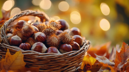 A picturesque basket filled with chestnuts in a colorful autumn setting, showcasing nature's bounty with warm tones and a dreamy background of bokeh lights.の素材