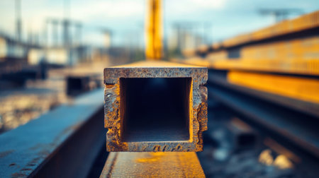A close-up view of a steel beam featuring a square hollow section, capturing the industrial aesthetic with warm natural light illuminating its surface on a construction site.の素材