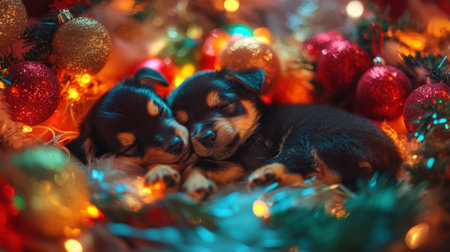 Two cute puppies are peacefully sleeping together in a festive setting with colorful Christmas decorations and warm lights, capturing the essence of holiday joy and comfort.の素材