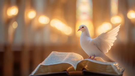A beautiful white dove stands gracefully on an open Bible, bathed in soft, warm light. This serene scene captures the essence of peace, faith, and spirituality.の素材