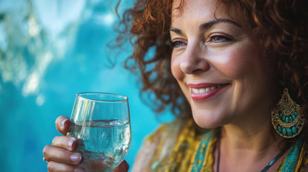 A joyful woman with curly hair enjoys a glass of water, radiating beauty and wellness in a refreshing outdoor scene amidst vibrant colors.の素材